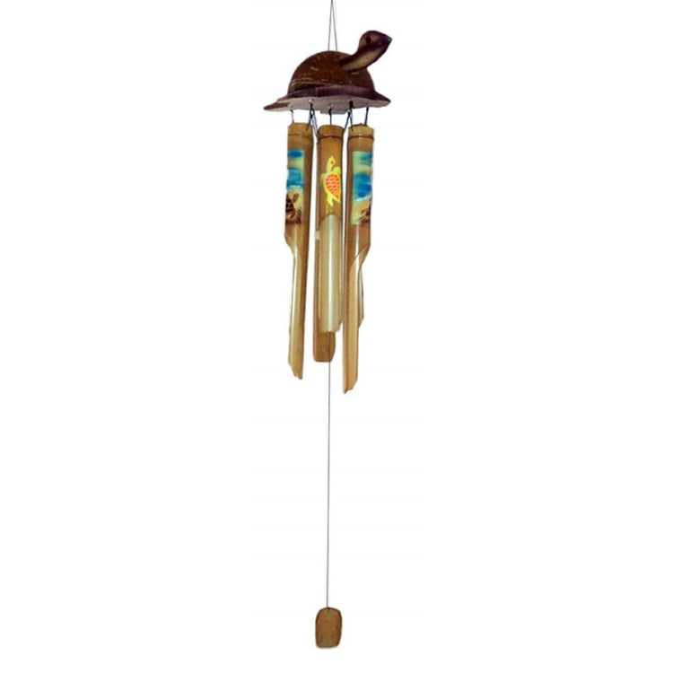 Bamboo turtle with lighter hand-painted bamboo chimes hanging below it.