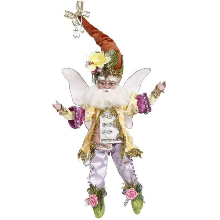White bearded fairy with a spring outfit & hat on.