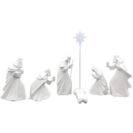 white angular nativity figures face cradle with star above.
