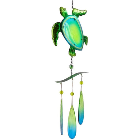 Green & blue sea turtle holder with tear drop shaped chimes hanging below.
