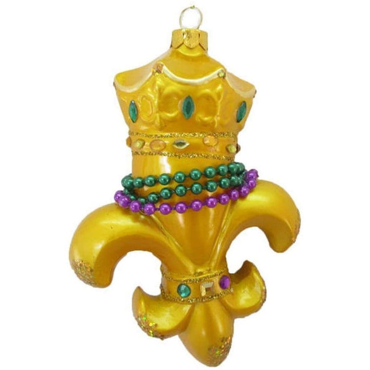 Gold fleur de lis with a king crown on top with bead embellishments.