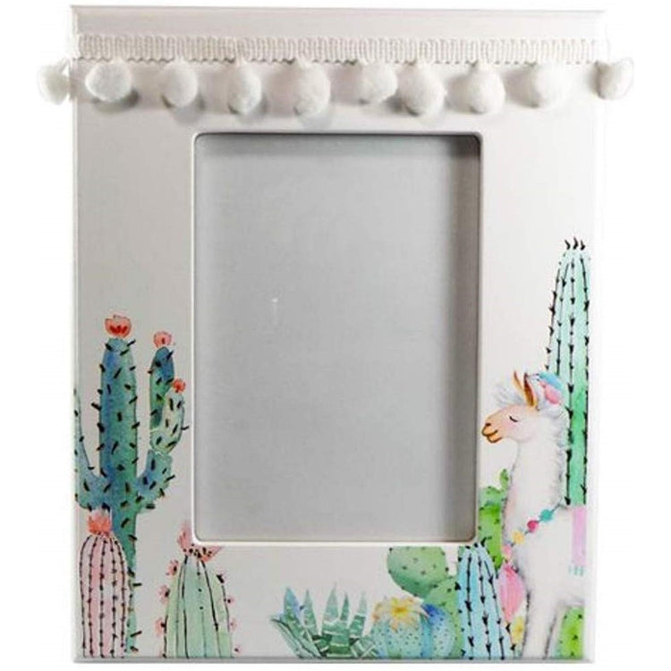 White frame with white dangle pom-poms. Pink, green & blue cactus' and a white llama. 