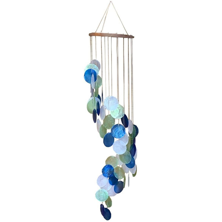 Blue, green and white capiz shells make up a spiral shaped chime with a wood top.