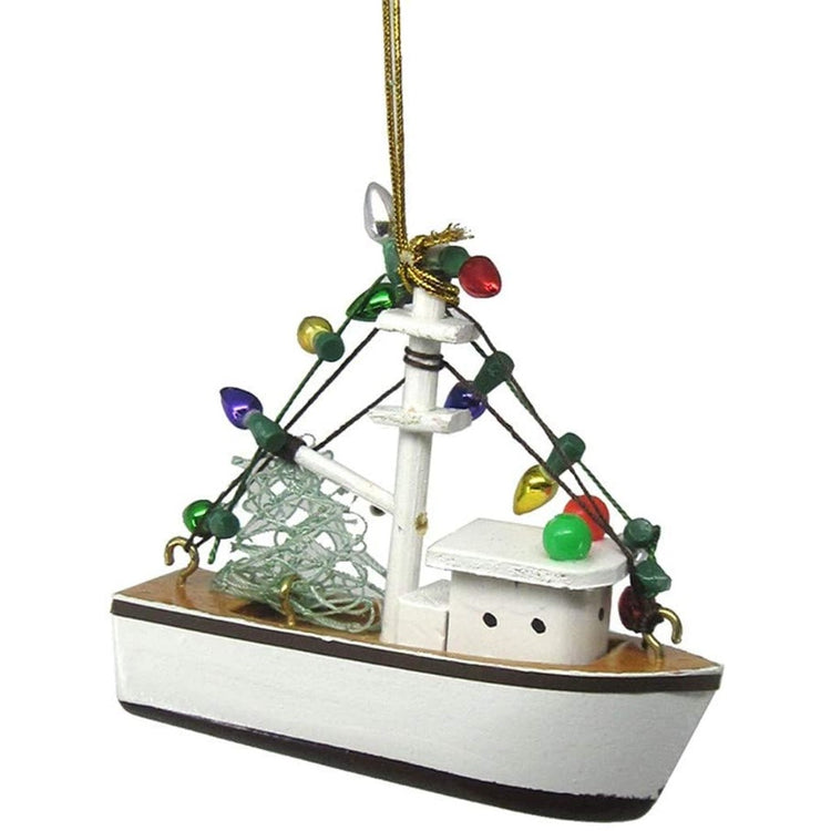 White shrimp boat ornament with Christmas lights on it. 