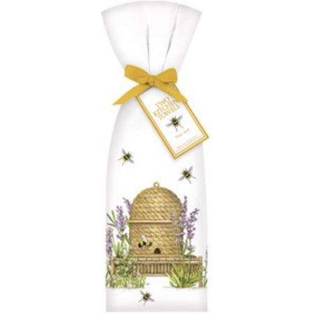 Beehive with lavender around it & bees.