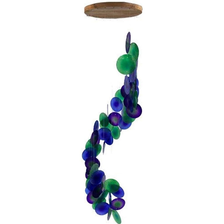 Wooden top with green, purple & blue capiz shell circles with a spiral staircase shape.