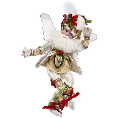 Bearded fairy wearing gold and white outfit with red bow and berry accents