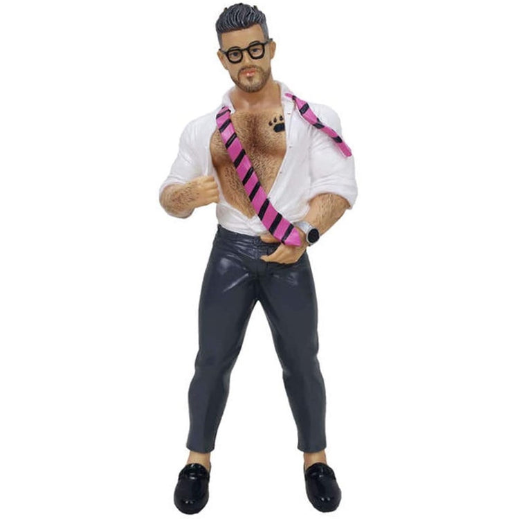 Man shaped figurine ornament. Wearing executive clothing of blue pants opened white button up and pink tie.
