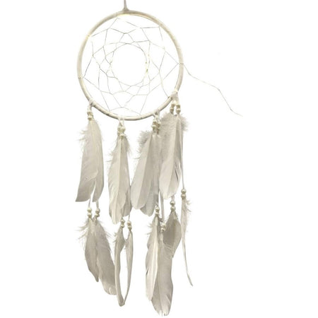 white dream catcher with feathers, beads and led lights