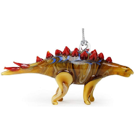 Brown and red stegosaurus glass ornament
