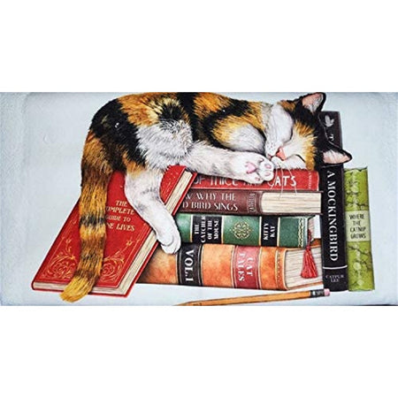 Calico cat sleeping on a pile of books.