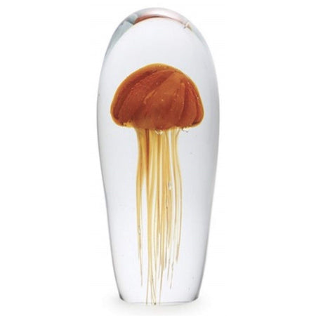 Clear glass dome with an orange jellyfish inside. 