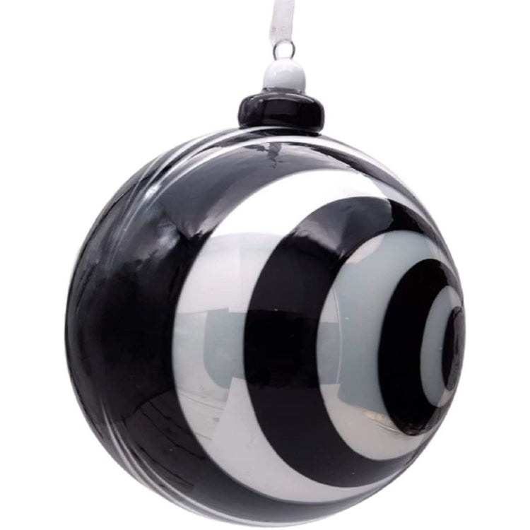 Black & white shiny spiral design on a ball ornament.