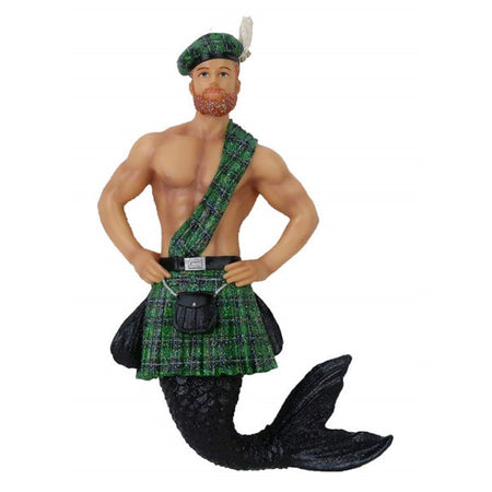 Mermaid figurine ornament.  Typical green and black plaid skirt and sash with matching beanie cap.