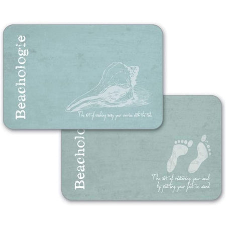 2 light aqua placemats with shells and the word "beachologie"