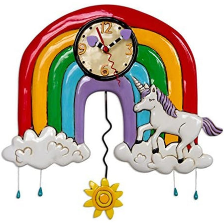 Clock shaped like a rainbow, with a unicorn standing in the clouds. There's a pendulum shaped like a sun.