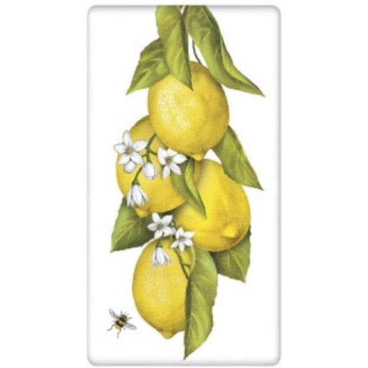 A bunch of lemons with blossoms & a bee.