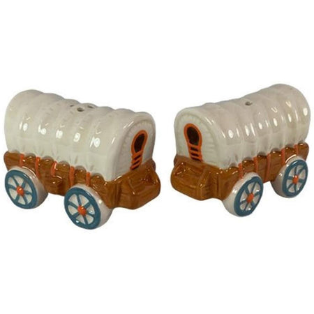 Covered wagon shaped salt and pepper.  Cream cover, brown wagon, teal spokes on wheels.