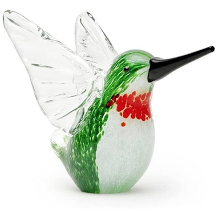 small blown glass green hummingbird with ruby throat, and wings out.