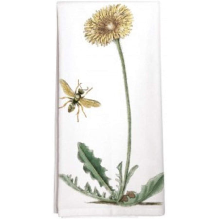 White towel with a yellow dandelion and a black & yellow bumble bee.