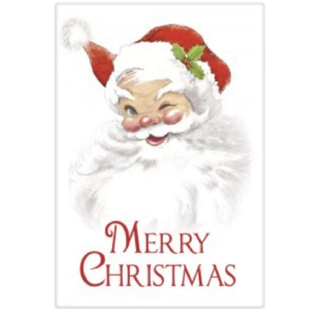 Santa's face with a smile and one eye winking. Wearing a red hat with white trim and a full white beard. In large letters on the bottom is says "Merry Christmas"