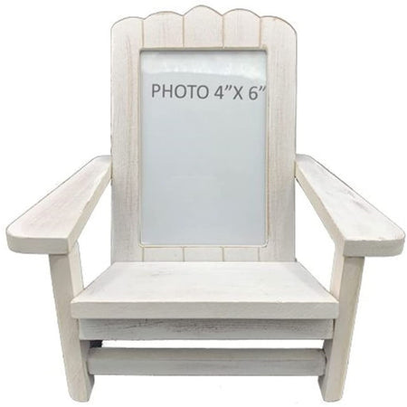 White Adirondack chair with a photo frame on the chair back.