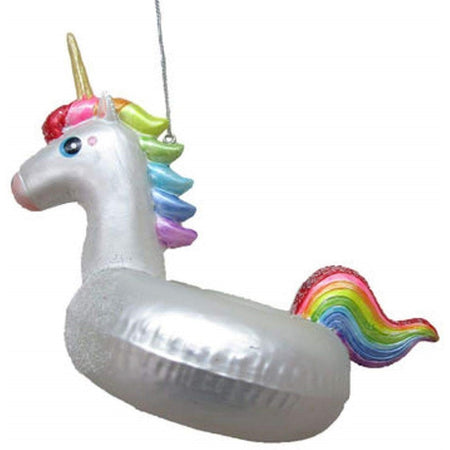 unicorn floaty shaped hanging ornament. White with rainbow tail and main.