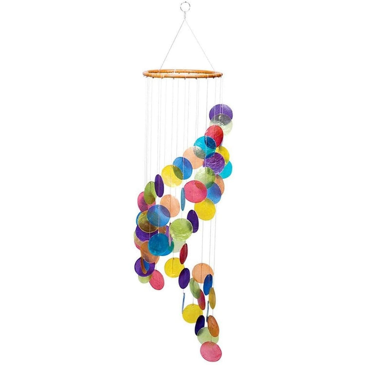 Rainbow capiz circle shells in a stairway design & a bamboo circle hanger.