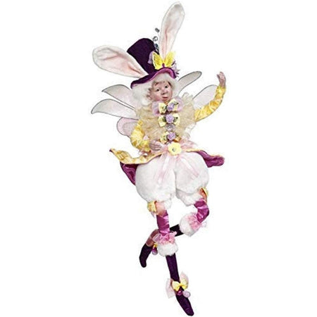 Male fairy figure with wings wearing yellow and purple with bunny ears.