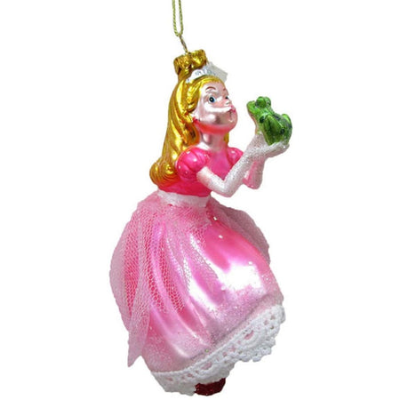 blown glass princess in a pink dress holding a green frog