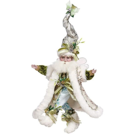 Bearded fairy in silver, gold and white long coat, and stocking cap in pants with blue snowflake design