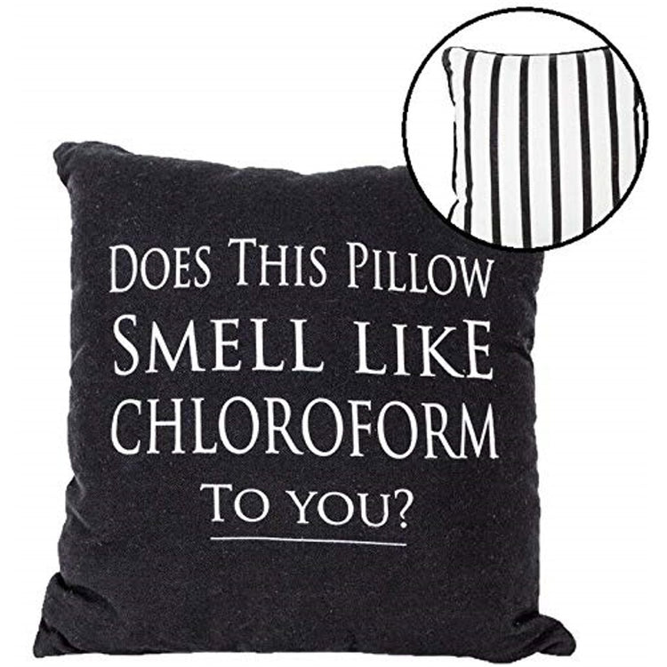 black square pillow with black and white striped back. "DOES THIS PILLOW SMELL LIKE CHLOROFORM TO YOU?".