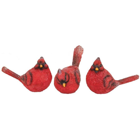 3 assorted red cardinal figurines. The figurines sit by themselves. 2 birds look forward, 1 is looking down.