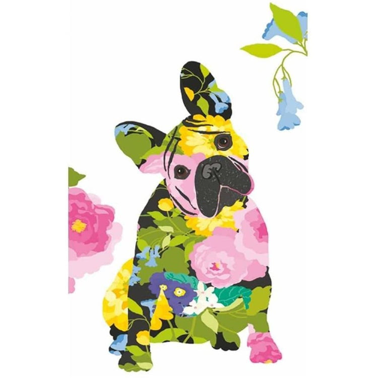 Floral design bulldog with a white background & flowers.
