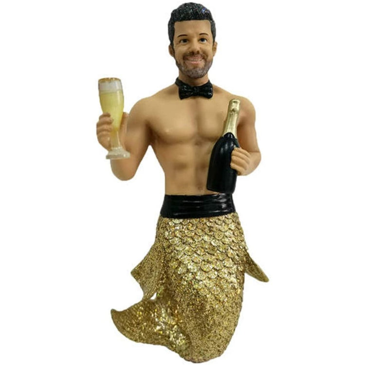 Resin Merman with gold glitter tail, bottle & glass of champagne