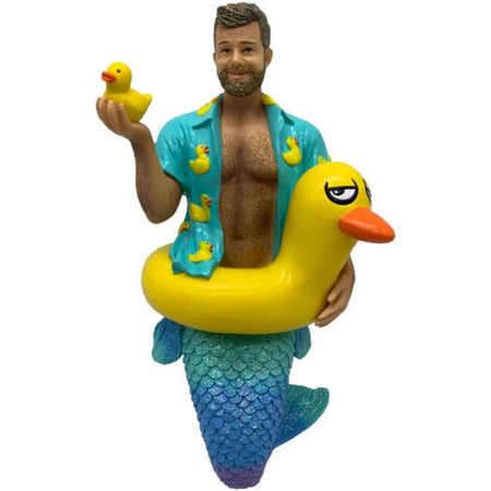 Merman with a hairy chest, gradient blue tail, wearing a shirt with rubber ducky pattern, a rubber duck floatie and holding a rubber duck in his hand.