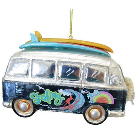 Blue van with surfboards on top.