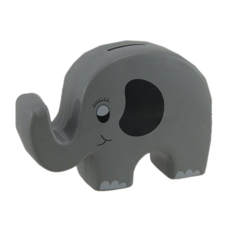 Flat shaped elephant bank. Grey and black.