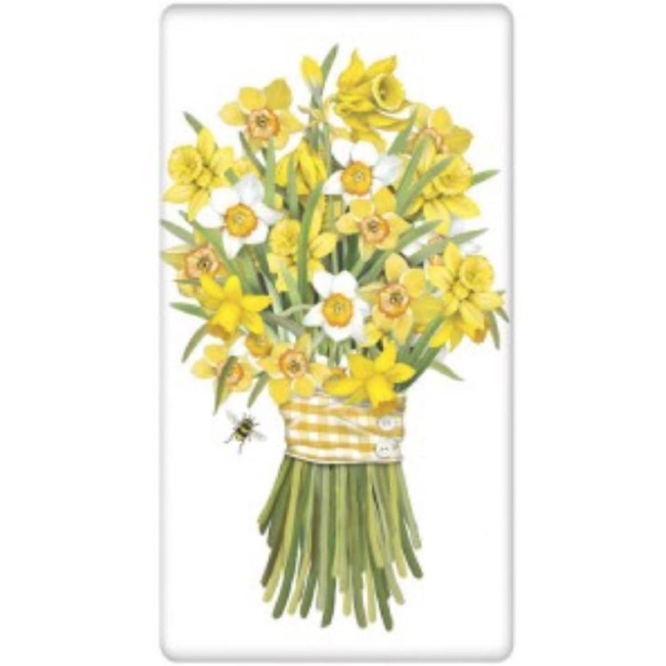 Daffodil bouquet wrapped with a yellow & white checkered ribbon & a bee. 