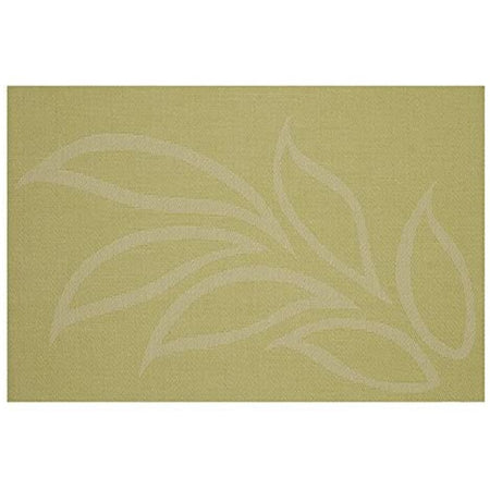 Muted lime green placemat with a white & tan leaf pattern.