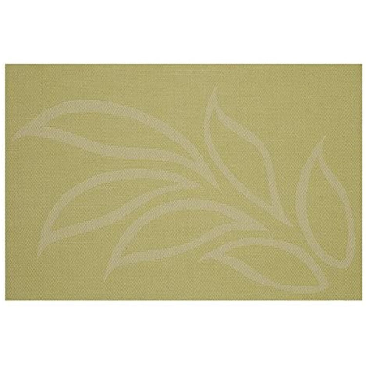 Muted lime green placemat with a white & tan leaf pattern.