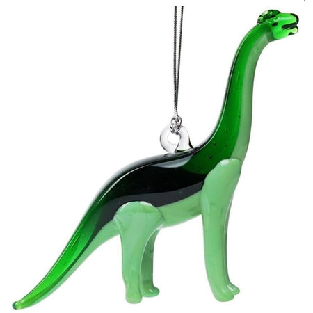 Green blown glass long neck sauropod dinosaur ornament.