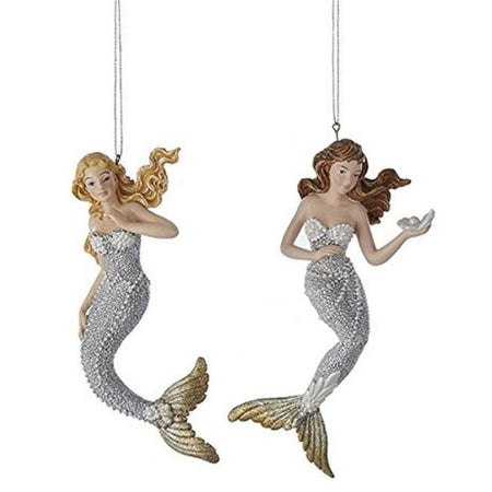 blond & brunette mermaid with silver outfit & tails