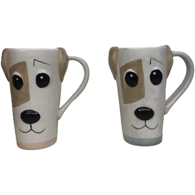 2 dog mugs. 1 with pink accents, 1 with blue accents.