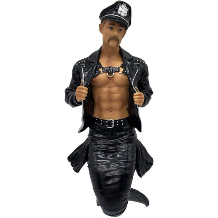 Merman ornament, wearing leather jacket, police style cap, leather harness across his chest, and his tail looks to also be made of black leather.