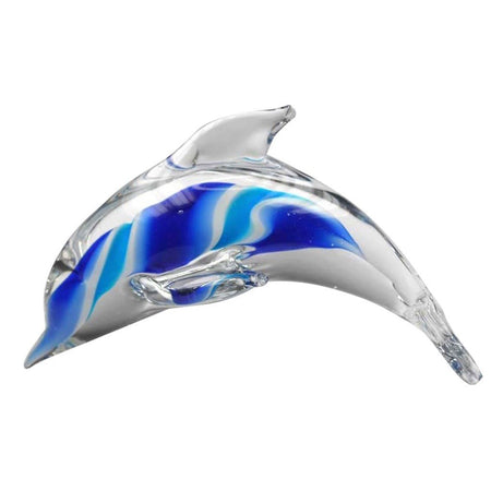 Clear glass dolphin figurine with blue and white swirls under glass.