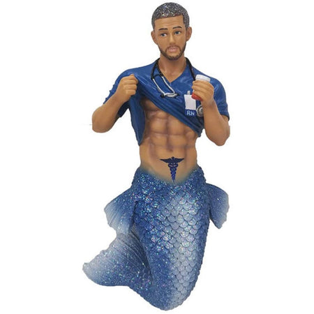 Merman shaped figurine ornament.  Dressed in blue with medical sign stomach tattoo carrying coffee.  Stethoscope acound neck.