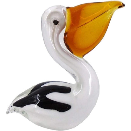 White and black pelican with an orange beak.
