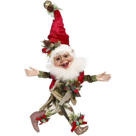 bearded elf in red santa style hat with acorn accents, green suit with red vest and pinecone accents.