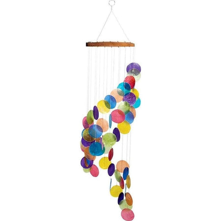 Spiral shape capiz shell chime in rainbow colors with wooden top.